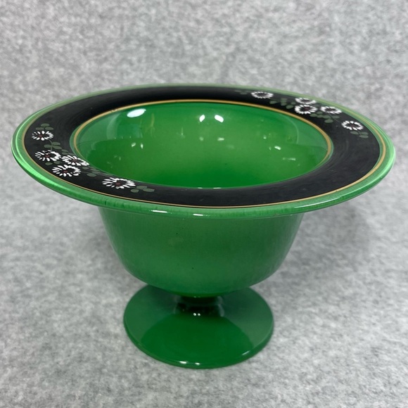 Pedestal Candy Dish Compote Green with Black and Gold‎ Trim Pedestal 6.25” - Picture 1 of 9